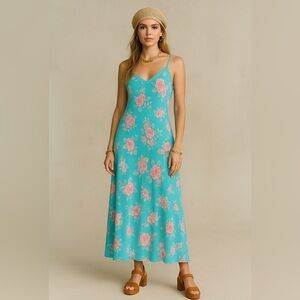 Vintage La Vie en Rose Blue Floral Y2K 90s Slip Style Maxi Dress Size L